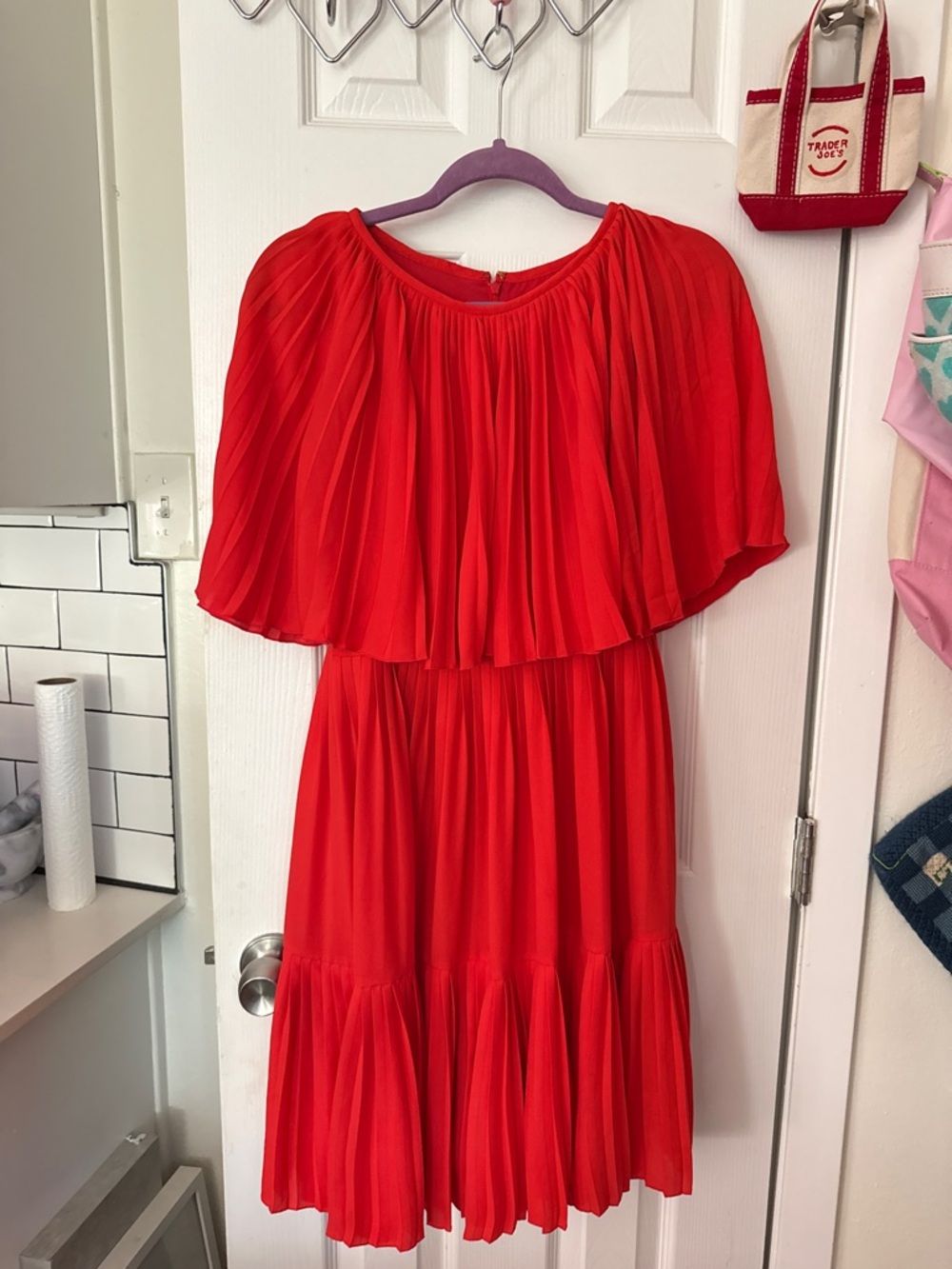 Kate Spade Red Pleated Cape Sleeve Midi Dress
